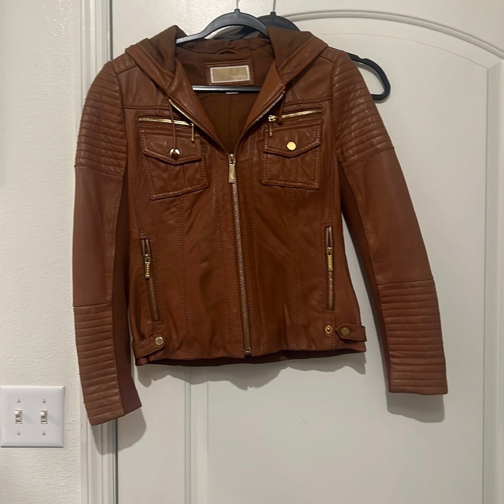 Small Brown Brown Michael Kors real leather moto jacket with hood